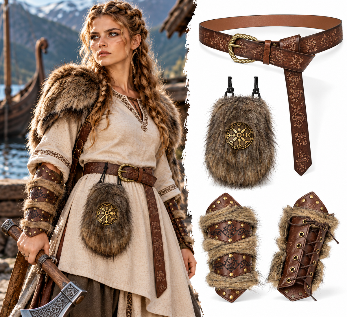 Furealux Plush Coin Pouch, Vintage Belt & Plush Bracers – Choice for Vikings