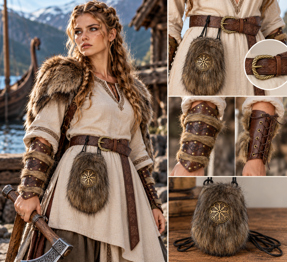 Furealux Plush Coin Pouch, Vintage Belt & Plush Bracers – Choice for Vikings