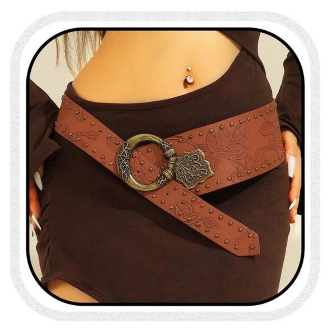 Furealux Wide Western Vintage Belt Brown Boho Floral Leather Waist Belts Accessoriess