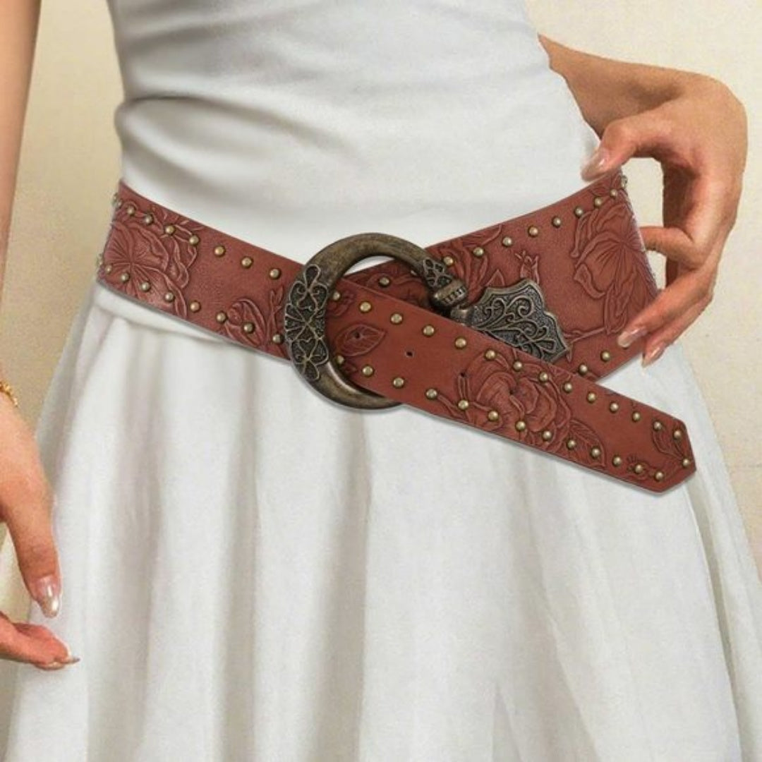 Furealux Wide Western Vintage Belt Brown Boho Floral Leather Waist Belts Accessoriess