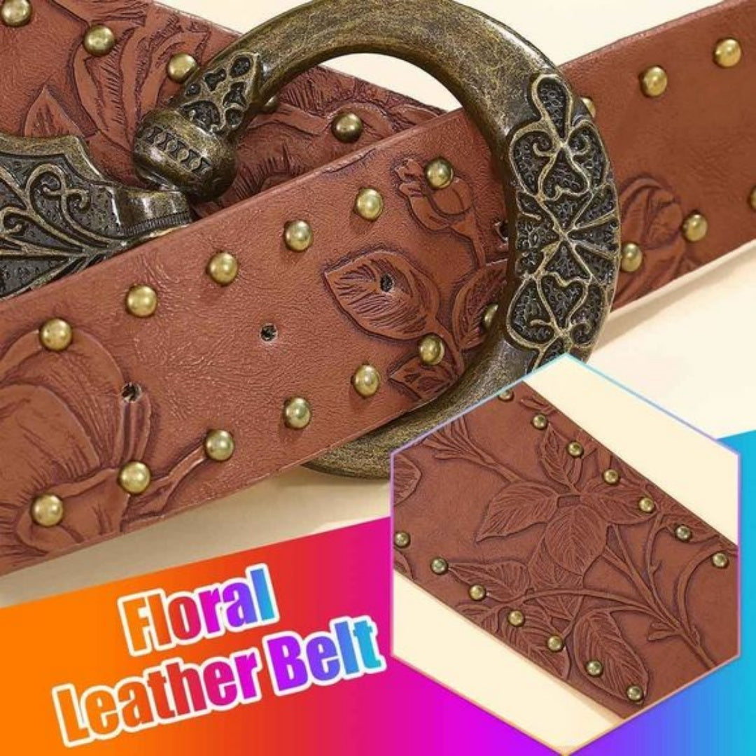 Furealux Wide Western Vintage Belt Brown Boho Floral Leather Waist Belts Accessoriess