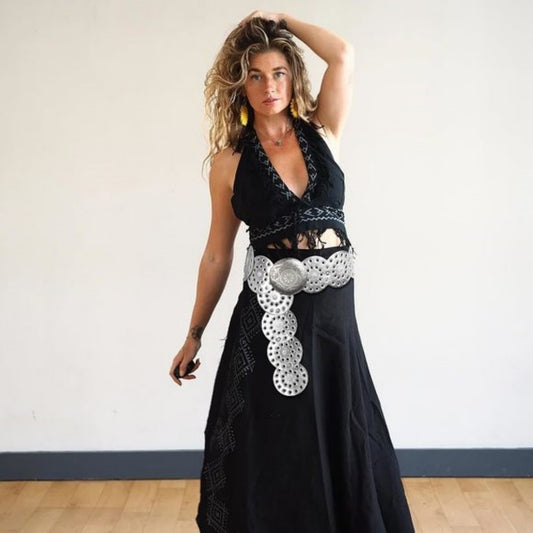 Women's Retro Silver Buckle Leather Disc Belt