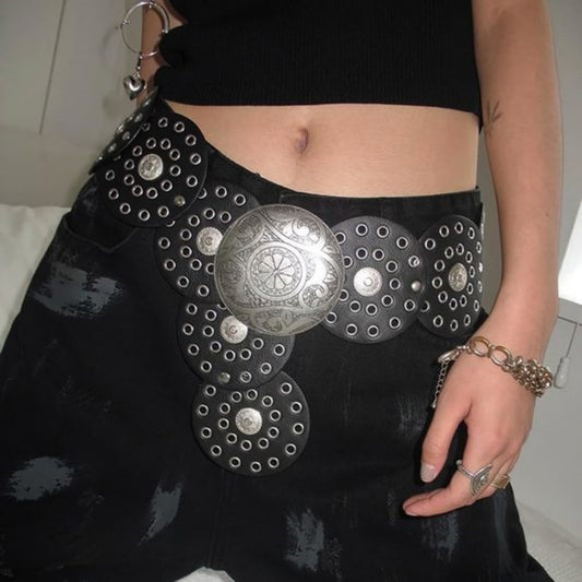 Women's Retro Silver Buckle Leather Disc Belt